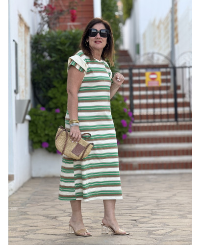 Vestido de franjas verde y crudo con bolsillos y abertura... 2
