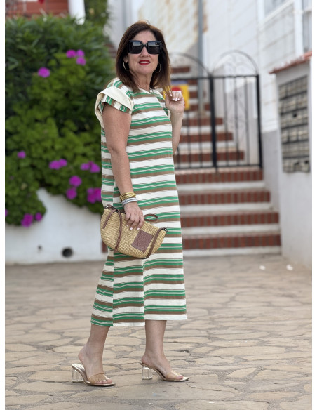 Vestido de franjas verde y crudo con bolsillos y abertura lateral