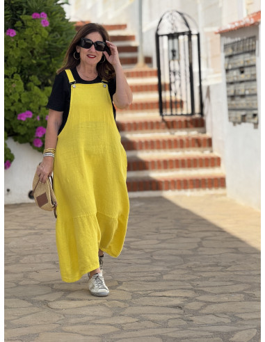 Mono baggy de lino amarillo con bolsillos...