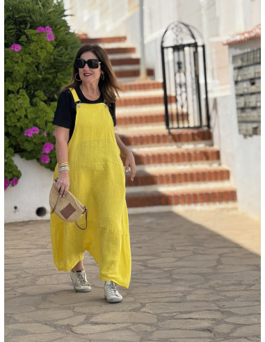 Mono baggy de lino amarillo con bolsillos...