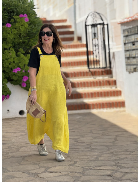 Mono baggy de lino amarillo con bolsillos laterales