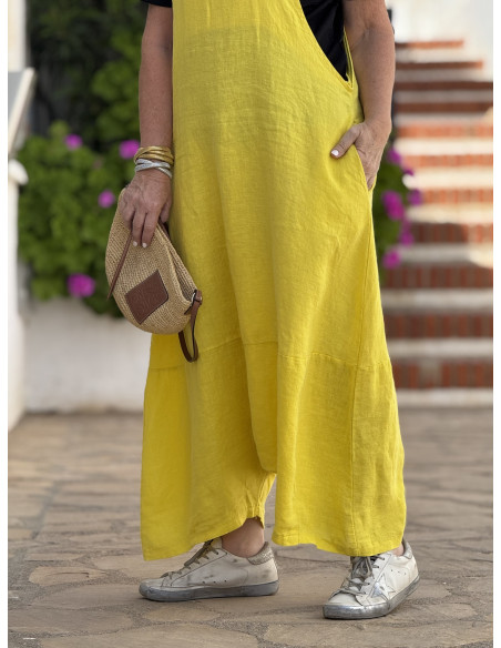 Mono baggy de lino amarillo con bolsillos laterales