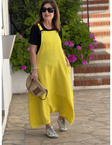 Mono baggy de lino amarillo con bolsillos...