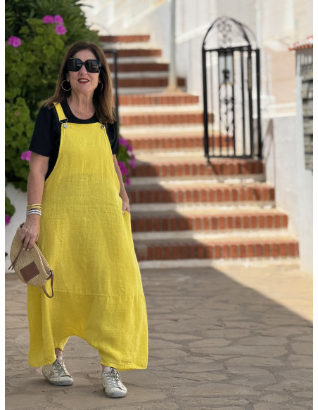 Mono baggy de lino amarillo con bolsillos laterales