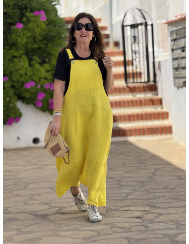 Mono baggy de lino amarillo con bolsillos...