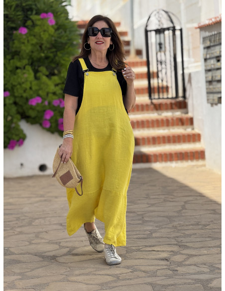 Mono baggy de lino amarillo con bolsillos laterales