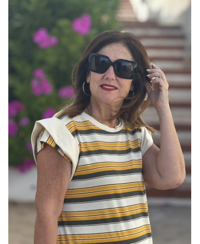 Vestido de franjas mostaza y crudo con bolsillos y... 2