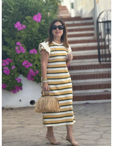 Vestido de franjas mostaza y crudo con...