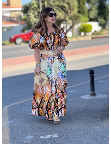 Vestido largo estampado floral con hombros...
