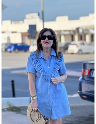 👗🔵 Espectacular Vestido manga corta con Volante...