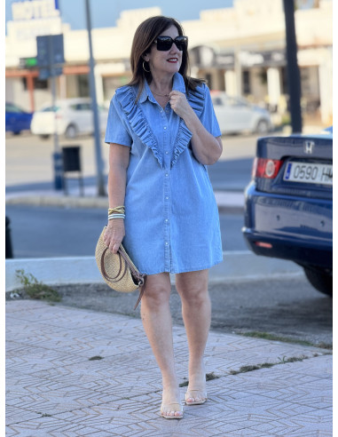 👗🔵 Espectacular Vestido manga corta con Volante...