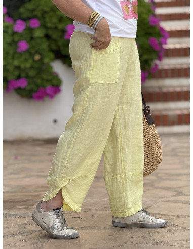 Pantalón de lino amarillo con cintura elástica...