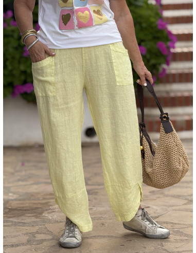 Pantalón de lino amarillo con cintura elástica...