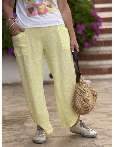 Pantalón de lino amarillo con cintura elástica...