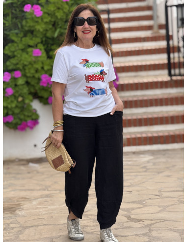 Pantalón de lino negro con cintura elástica y...