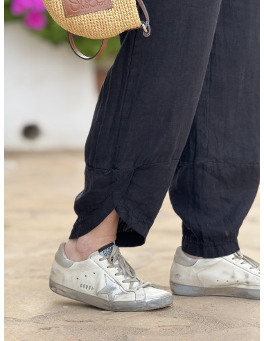 Pantalón de lino negro con cintura elástica y...