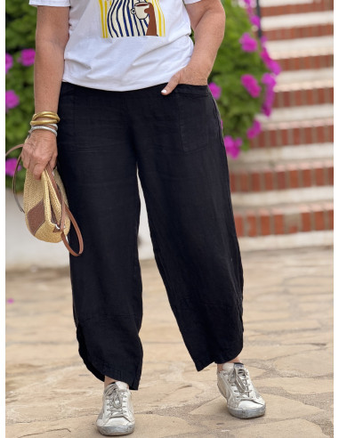 Pantalón de lino negro con cintura elástica y...