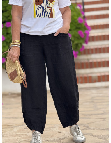 Pantalón de lino negro con cintura elástica y...