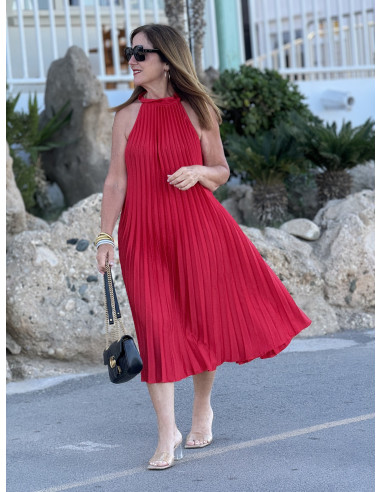 👗✨ Vestido Halter Plisado Rojo - Corte Midi...