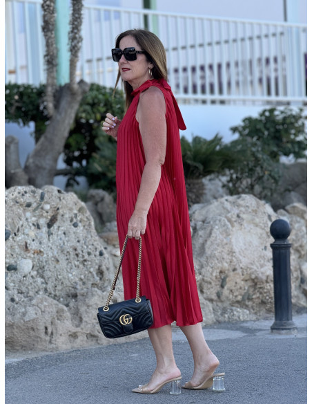 👗✨ Vestido Halter Plisado Rojo - Corte Midi Elegante ✨👗