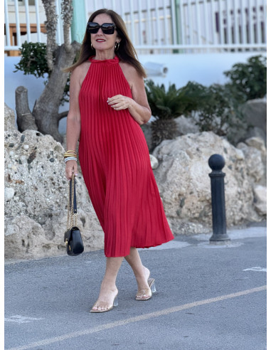 👗✨ Vestido Halter Plisado Rojo - Corte Midi...