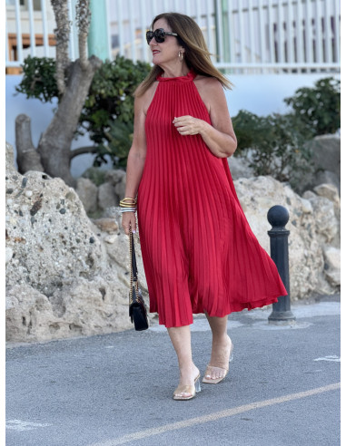 👗✨ Vestido Halter Plisado Rojo - Corte Midi...