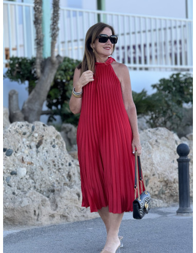 👗✨ Vestido Halter Plisado Rojo - Corte Midi...