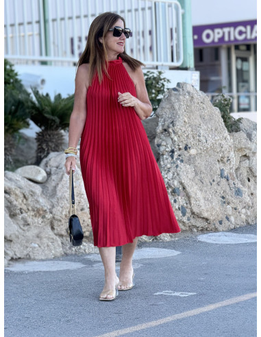 👗✨ Vestido Halter Plisado Rojo - Corte Midi...
