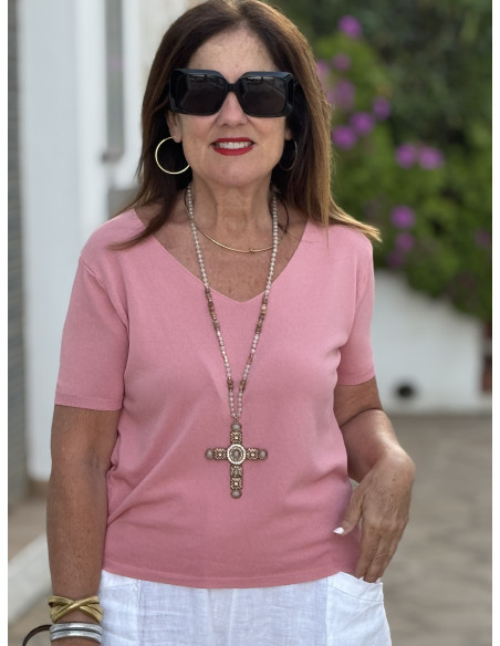 Suéter de punto fino con escote de pico rosa