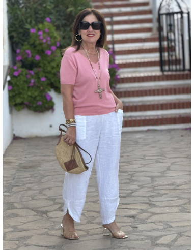 Suéter de punto fino con escote de pico rosa