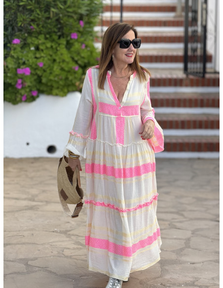 🏛️ Vestido Griego Bordado: Elegancia crudo y rosa🏛️