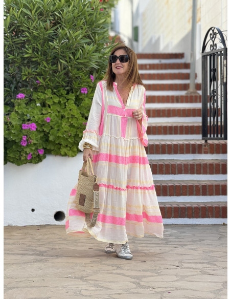 🏛️ Vestido Griego Bordado: Elegancia crudo y rosa🏛️