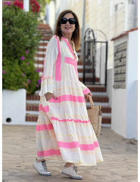 🏛️ Vestido Griego Bordado: Elegancia crudo y rosa🏛️