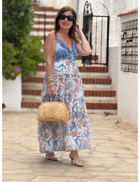 Vestido combinado con escote tencel y falda estampada