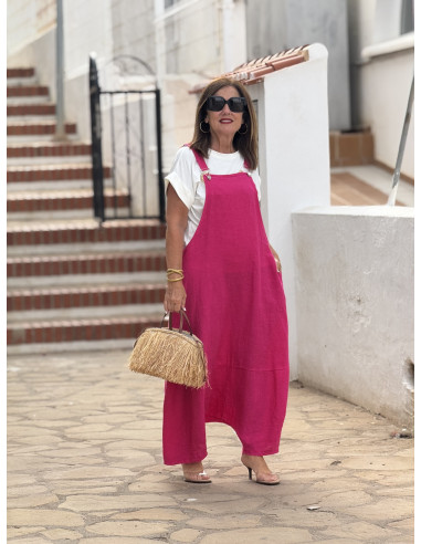 Mono baggy de lino rosa con bolsillos laterales