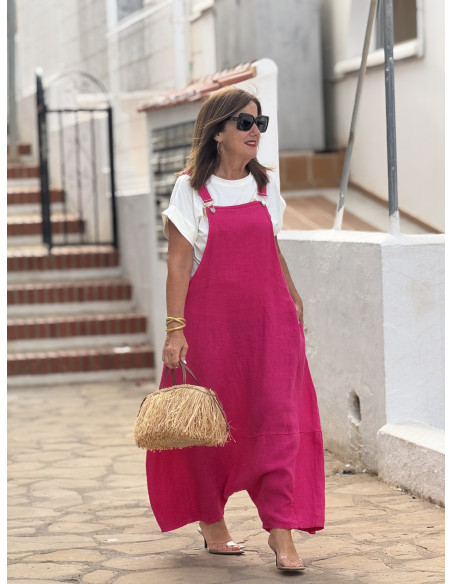Mono baggy de lino rosa con bolsillos laterales