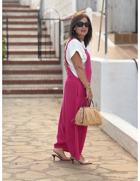 Mono baggy de lino rosa con bolsillos laterales