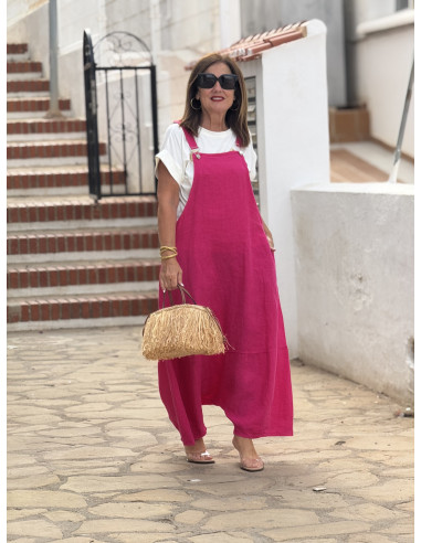 Mono baggy de lino rosa con bolsillos laterales