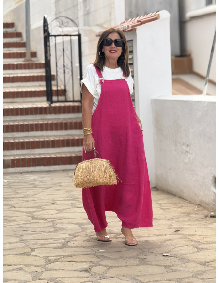 Mono baggy de lino rosa con bolsillos laterales