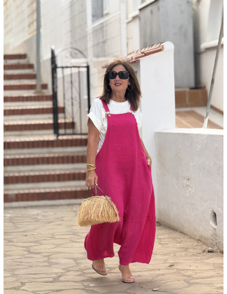 Mono baggy de lino rosa con bolsillos laterales