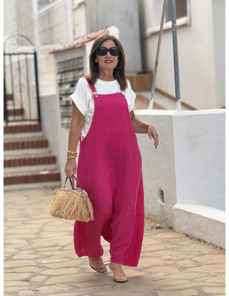 Mono baggy de lino rosa con bolsillos laterales