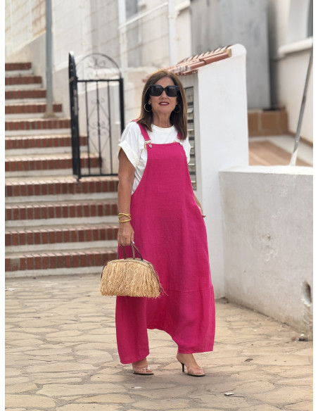 Mono baggy de lino rosa con bolsillos laterales