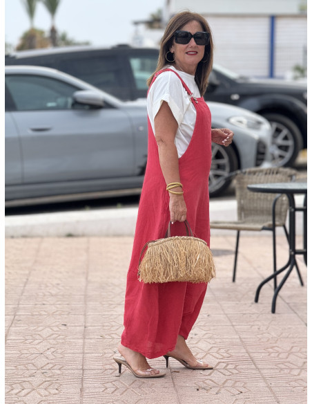 Mono baggy de lino coral con bolsillos laterales