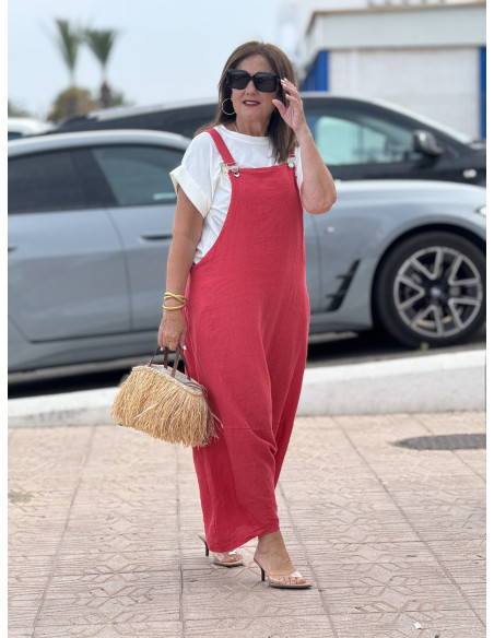 Mono baggy de lino coral con bolsillos laterales