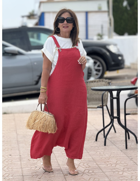 Mono baggy de lino coral con bolsillos laterales