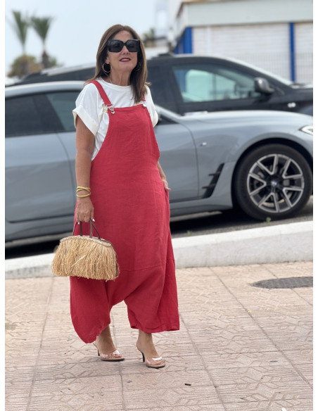 Mono baggy de lino coral con bolsillos laterales