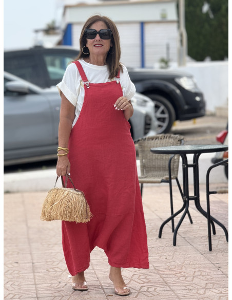 Mono baggy de lino coral con bolsillos laterales