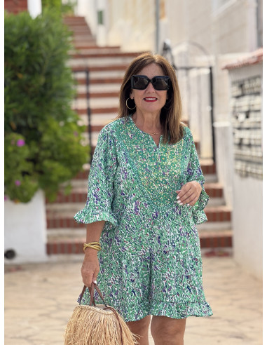 Vestido corto estampado verde con pecherín bordado