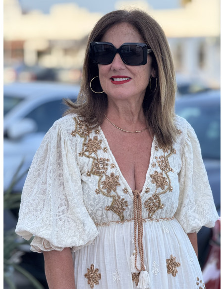 🌾 Vestido Boho Crudo Bordado con Dorado