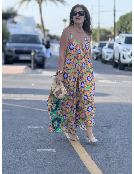 🌈 Vestido Bombacho Estampado Psicodélico naranja